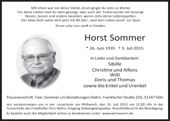 Anzeige von Horst Sommer von  Kölner Wochenspiegel 