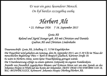 Anzeige von Herbert Alt von Kölner Stadt-Anzeiger / Kölnische Rundschau / Express