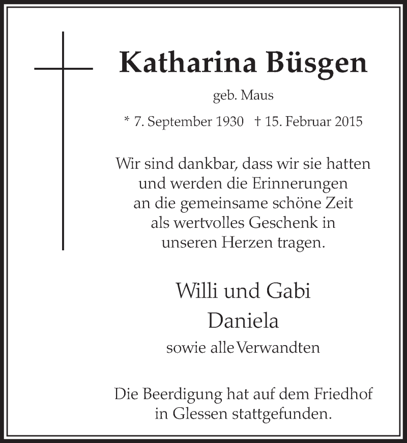  Traueranzeige für Katharina Büsgen vom 21.02.2015 aus  Sonntags-Post 