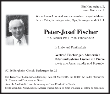 Anzeige von Peter-Josef Fischer von  Werbepost 