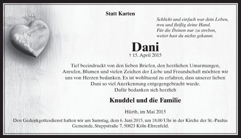  Traueranzeige für Danni  vom 27.05.2015 aus  Wochenende 