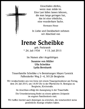 Anzeige von Irene Scheibke von Kölner Stadt-Anzeiger / Kölnische Rundschau / Express