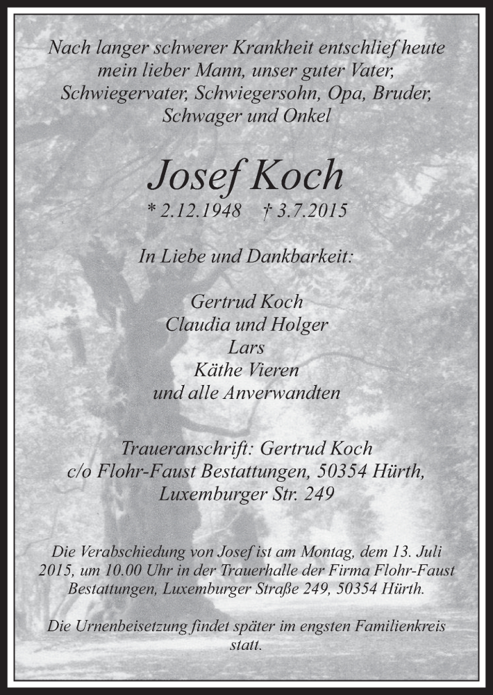  Traueranzeige für Josef Koch vom 08.07.2015 aus  Schlossbote/Werbekurier 