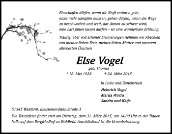 Anzeige von Else Vogel von Kölner Stadt-Anzeiger / Kölnische Rundschau / Express
