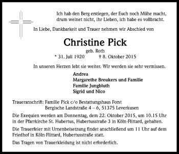 Anzeige von Christine Pick von Kölner Stadt-Anzeiger / Kölnische Rundschau / Express
