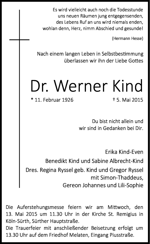  Traueranzeige für Werner  Kind vom 09.05.2015 aus Kölner Stadt-Anzeiger / Kölnische Rundschau / Express
