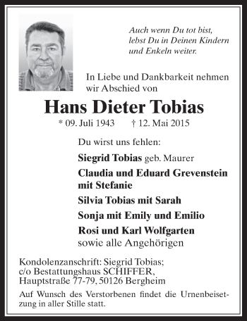 Anzeige von Hans Dieter Tobias von  Werbepost 