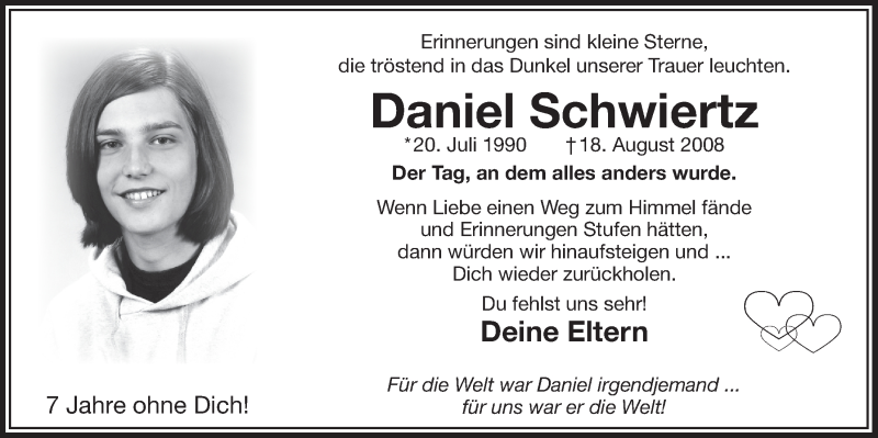  Traueranzeige für Daniel Schwiertz vom 18.07.2023 aus  Bergisches Handelsblatt 