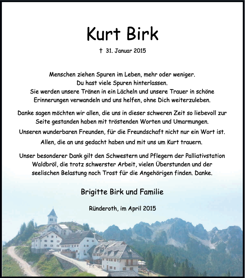  Traueranzeige für Kurt Birk vom 04.04.2015 aus Kölner Stadt-Anzeiger / Kölnische Rundschau / Express