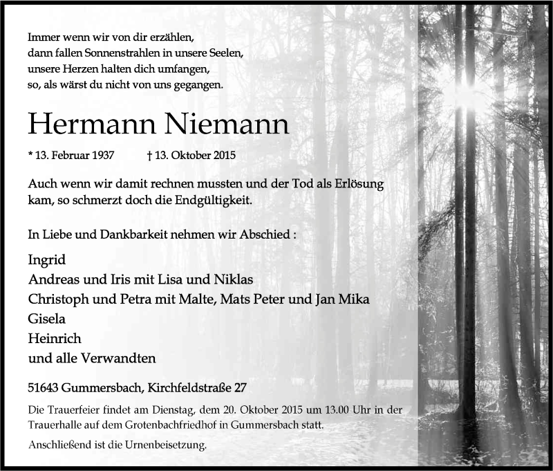  Traueranzeige für Hermann Niemann vom 17.10.2015 aus Kölner Stadt-Anzeiger / Kölnische Rundschau / Express