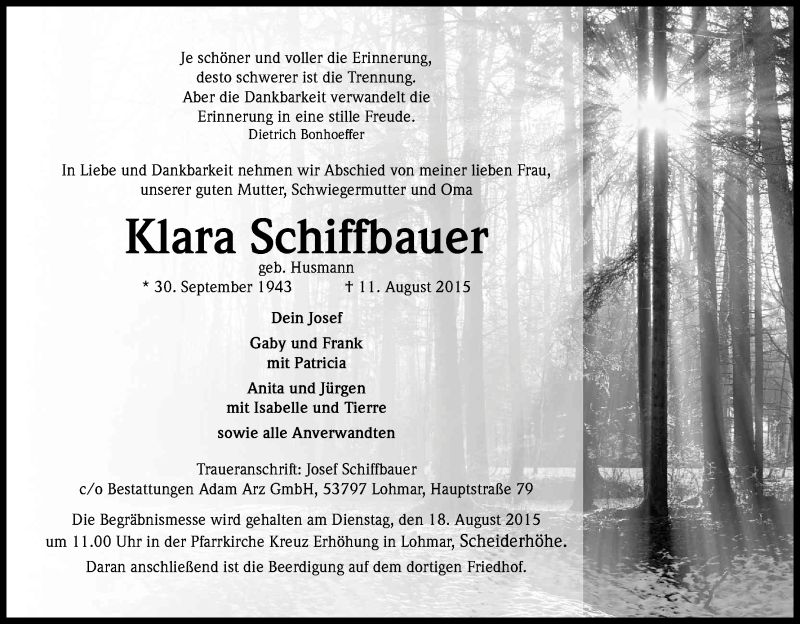  Traueranzeige für Klara Schiffbauer vom 15.08.2015 aus Kölner Stadt-Anzeiger / Kölnische Rundschau / Express