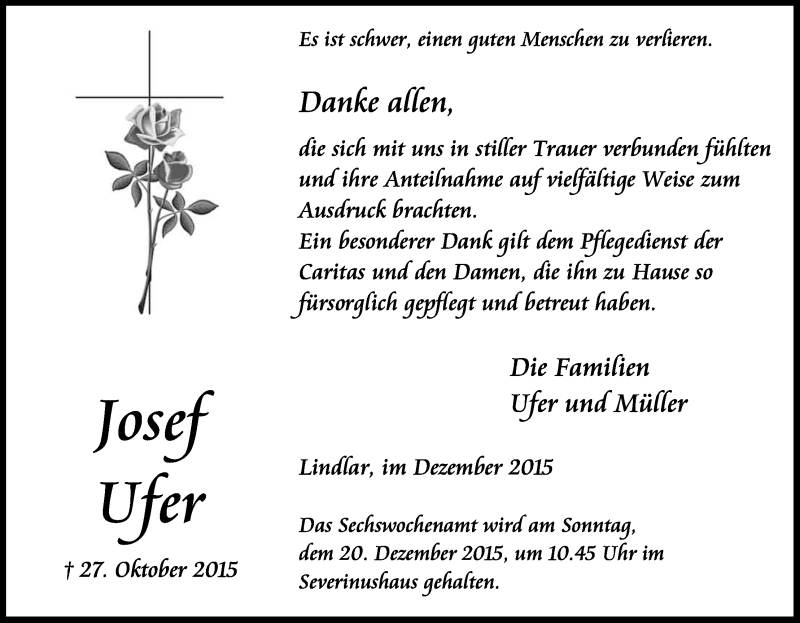  Traueranzeige für Josef Ufer vom 12.12.2015 aus Kölner Stadt-Anzeiger / Kölnische Rundschau / Express