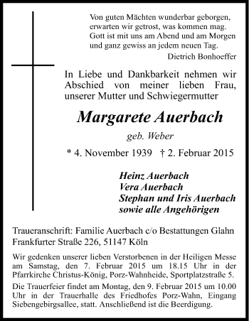 Anzeige von Margarete Auerbach von Kölner Stadt-Anzeiger / Kölnische Rundschau / Express