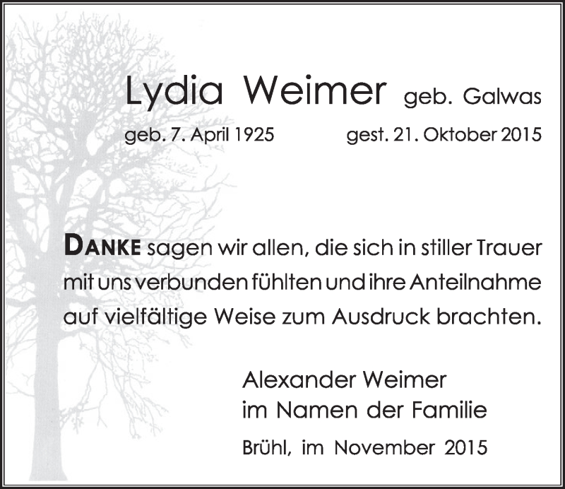  Traueranzeige für Lydia Weimer vom 04.11.2015 aus  Schlossbote/Werbekurier 
