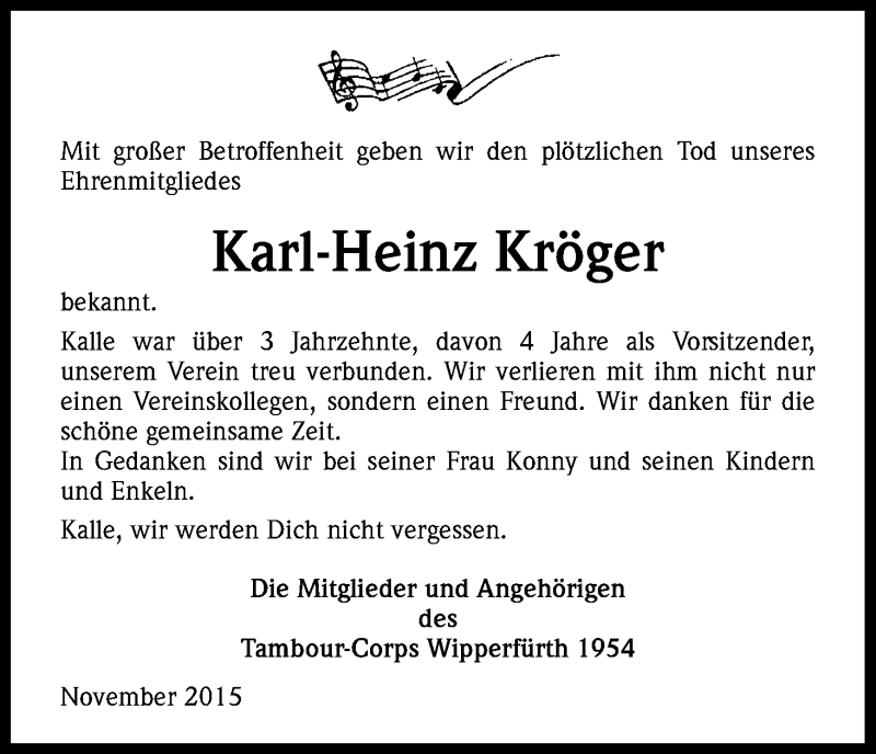  Traueranzeige für Karl-Heinz Kröger vom 12.11.2015 aus Kölner Stadt-Anzeiger / Kölnische Rundschau / Express