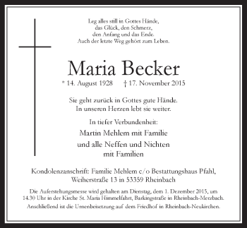 Anzeige von Maria Becker von  Kölner Wochenspiegel 