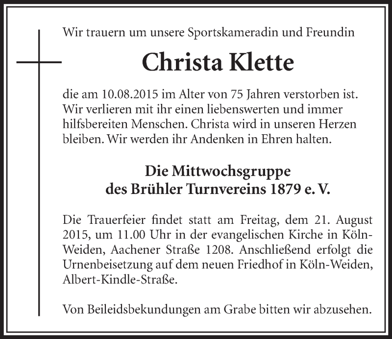  Traueranzeige für Christa Klette vom 19.08.2015 aus  Schlossbote/Werbekurier 
