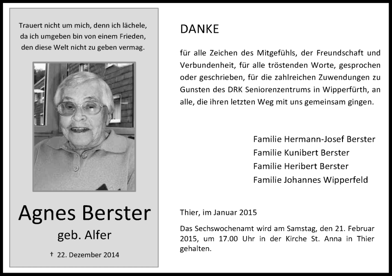  Traueranzeige für Agnes Berster vom 14.02.2015 aus Kölner Stadt-Anzeiger / Kölnische Rundschau / Express