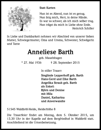 Anzeige von Anneliese Barth von Kölner Stadt-Anzeiger / Kölnische Rundschau / Express