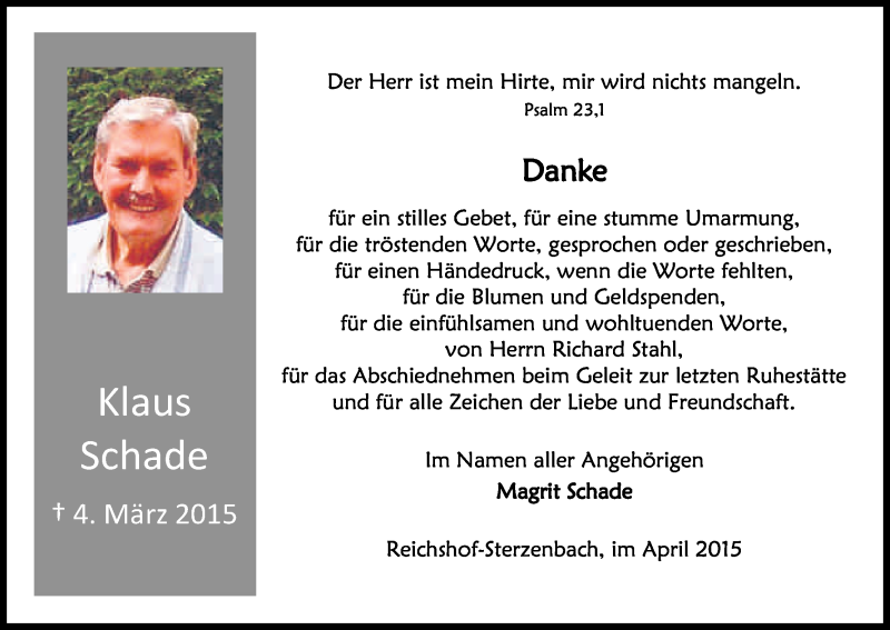  Traueranzeige für Klaus Schade vom 25.04.2015 aus Kölner Stadt-Anzeiger / Kölnische Rundschau / Express