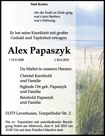 Anzeige von Alex Papaszyk von Kölner Stadt-Anzeiger / Kölnische Rundschau / Express