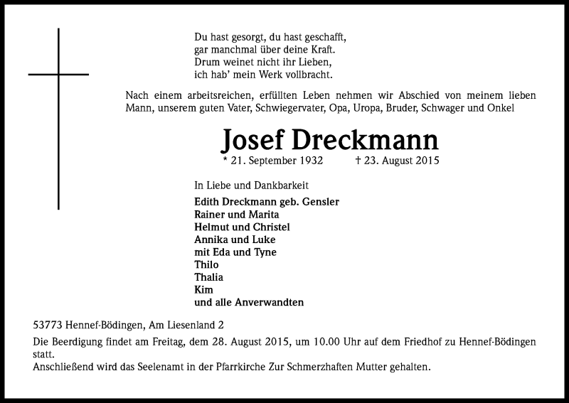  Traueranzeige für Josef Dreckmann vom 26.08.2015 aus Kölner Stadt-Anzeiger / Kölnische Rundschau / Express