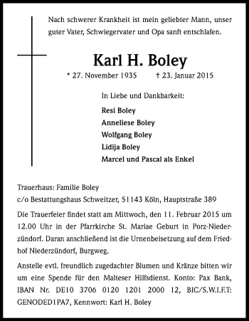 Anzeige von Karl H. Boley von Kölner Stadt-Anzeiger / Kölnische Rundschau / Express
