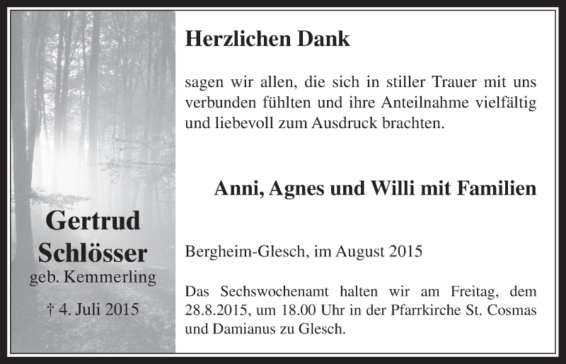  Traueranzeige für Gertrud Schlösser vom 26.08.2015 aus  Werbepost 