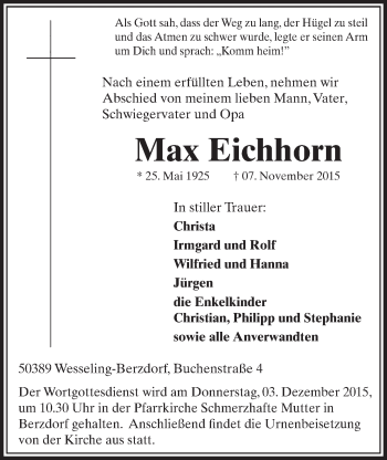 Anzeige von Max Eichhorn von  Schlossbote/Werbekurier 