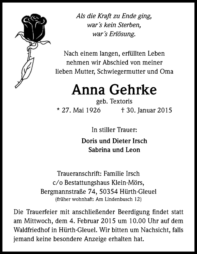  Traueranzeige für Anna Gehrke vom 02.02.2015 aus Kölner Stadt-Anzeiger / Kölnische Rundschau / Express