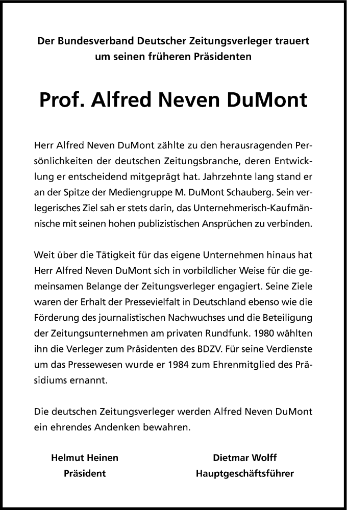  Traueranzeige für Alfred Neven DuMont vom 06.06.2015 aus Kölner Stadt-Anzeiger / Kölnische Rundschau / Express