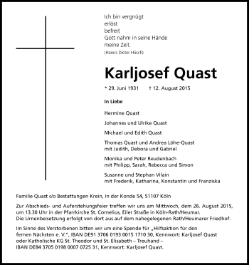 Anzeige von Karljosef Quast von Kölner Stadt-Anzeiger / Kölnische Rundschau / Express