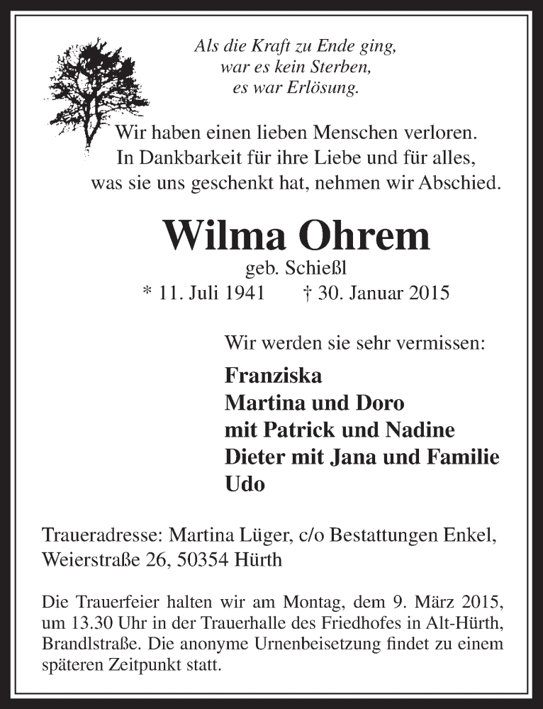  Traueranzeige für Wilma Ohrem vom 25.02.2015 aus  Wochenende 