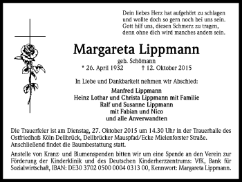 Anzeige von Margareta Lippmann von Kölner Stadt-Anzeiger / Kölnische Rundschau / Express