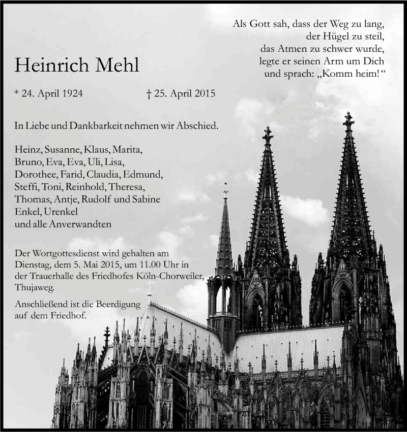  Traueranzeige für Heinrich Mehl vom 02.05.2015 aus Kölner Stadt-Anzeiger / Kölnische Rundschau / Express