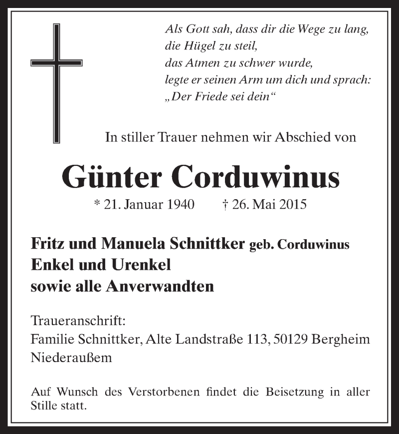  Traueranzeige für Günter Corduwinus vom 17.06.2015 aus  Werbepost 