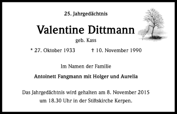 Anzeige von Valentine Dittmann von Kölner Stadt-Anzeiger / Kölnische Rundschau / Express