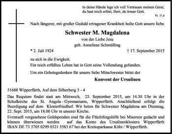 Anzeige von Anneliese Schmülling von Kölner Stadt-Anzeiger / Kölnische Rundschau / Express