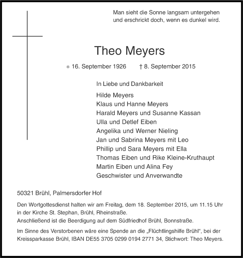  Traueranzeige für Theo Meyers vom 11.09.2015 aus Kölner Stadt-Anzeiger / Kölnische Rundschau / Express