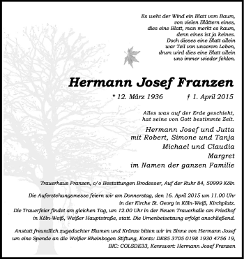 Anzeige von Hermann Josef Franzen von Kölner Stadt-Anzeiger / Kölnische Rundschau / Express