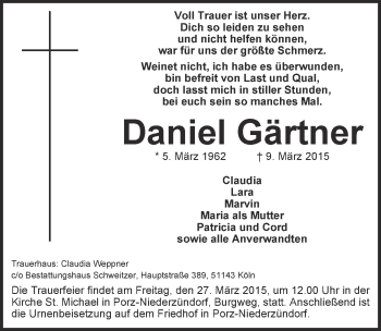 Anzeige von Daniel Gärtner von  Kölner Wochenspiegel 