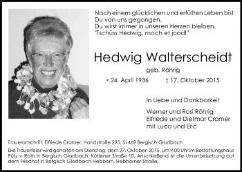 Anzeige von Hedwig Walterscheidt von Kölner Stadt-Anzeiger / Kölnische Rundschau / Express