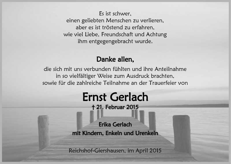  Traueranzeige für Ernst Gerlach vom 29.04.2015 aus  Anzeigen Echo 