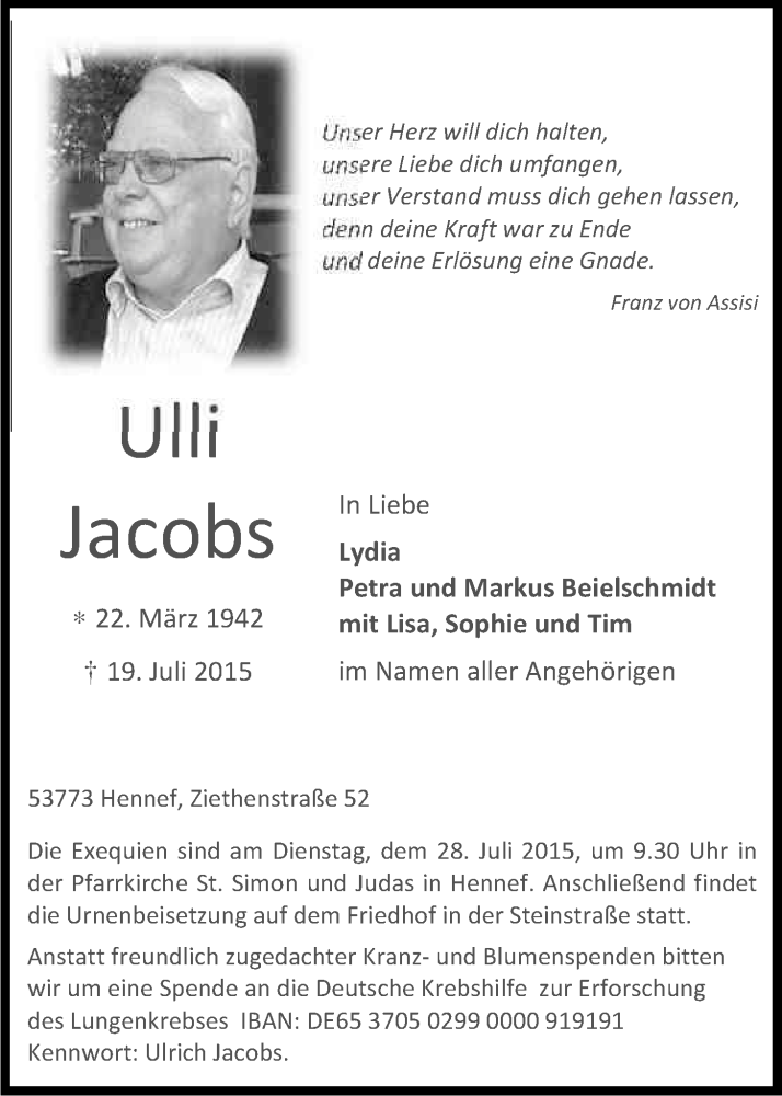  Traueranzeige für Ulli Jacobs vom 23.07.2015 aus Kölner Stadt-Anzeiger / Kölnische Rundschau / Express