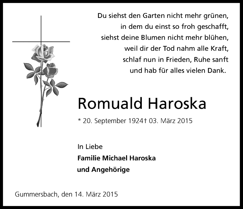  Traueranzeige für Romuald Haroska vom 14.03.2015 aus Kölner Stadt-Anzeiger / Kölnische Rundschau / Express