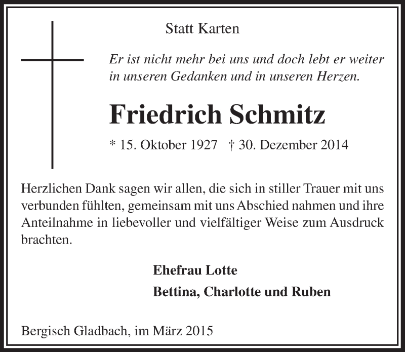  Traueranzeige für Friedrich Schmitz vom 14.03.2015 aus  Bergisches Sonntagsblatt 