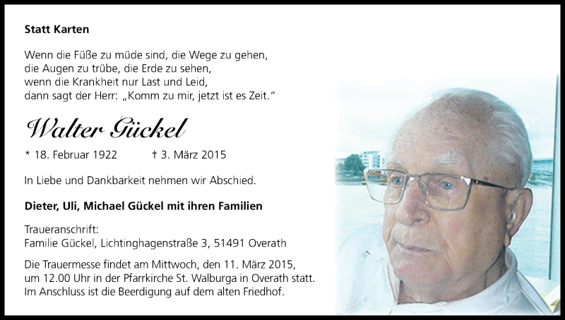  Traueranzeige für Walter Gückel vom 07.03.2015 aus Kölner Stadt-Anzeiger / Kölnische Rundschau / Express