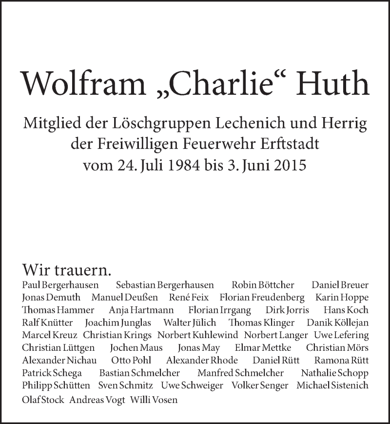  Traueranzeige für Wolfram Huth vom 10.06.2015 aus  Werbepost 