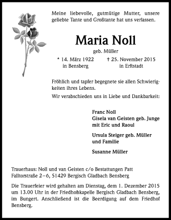 Anzeige von Maria Noll von Kölner Stadt-Anzeiger / Kölnische Rundschau / Express