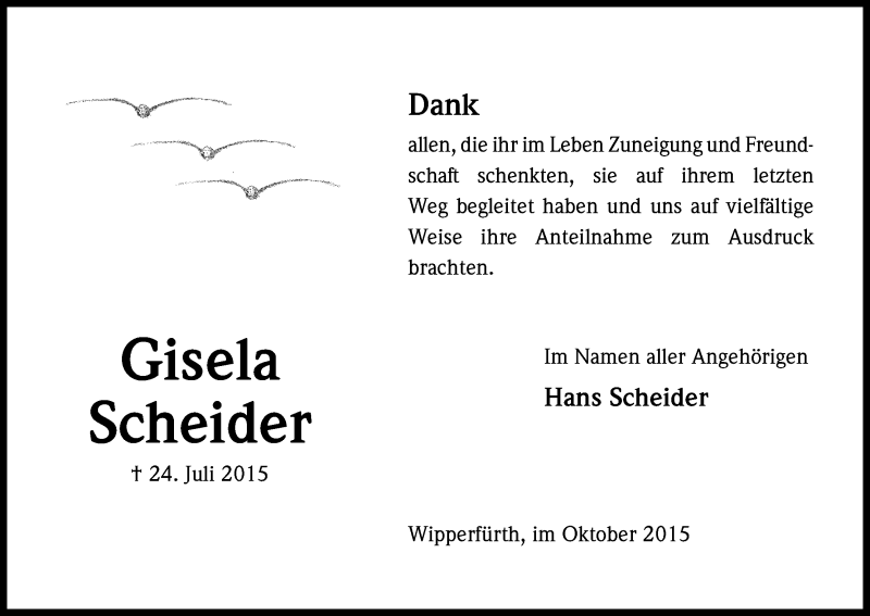  Traueranzeige für Gisela Scheider vom 17.10.2015 aus Kölner Stadt-Anzeiger / Kölnische Rundschau / Express